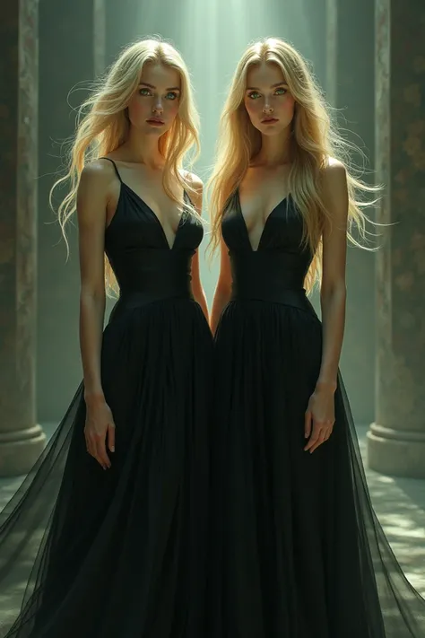 Tall women with silver-gold skin, blond hair and light green eyes, who wearing black dress