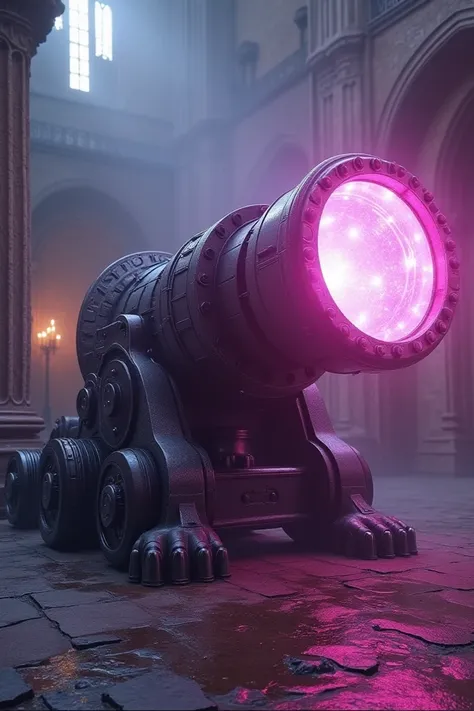 Technological cannon ,Castle hall background, fantasy world,There are pink ,  purple energy coming out in the form of a huge energy ball inside the cannon, completely made of metal ,no legs, it looks like a technological cannon ,4 meters high and wide , fl...