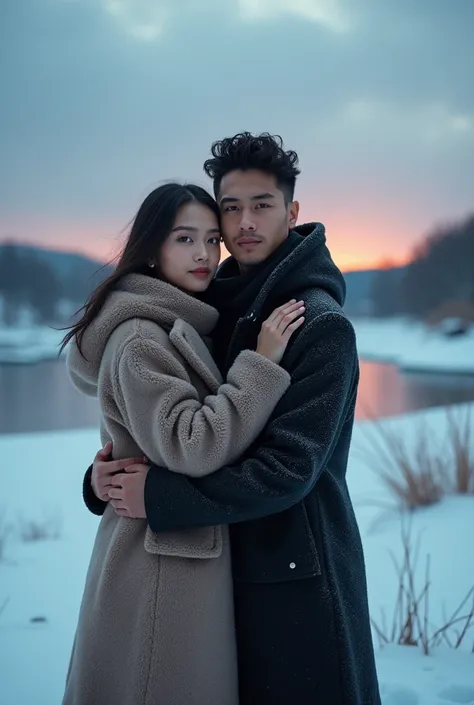  full body photo of a beautiful Indonesian woman , rambut lurus pirang kemerahan,  alongside a handsome man with messy spike hair .  they have radiant clean faces and stare into the camera,  dressed in a snowfall outfit .  pose hugging each other on a snow...