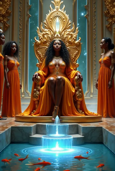 african american goddess. sitting on a throne. she is wearing a very intricate golden crown adorned with jewels and feathers. there is a glowing crystal in the middle of the crown. she has her legs crossed. the throne is sitting on a stepped platform made ...