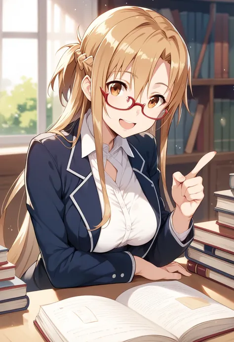  Asuna Yuuki from sword art online ,with glasses,sitting, clothes teacher clothes ,head on, Pointing to a book  ,happy