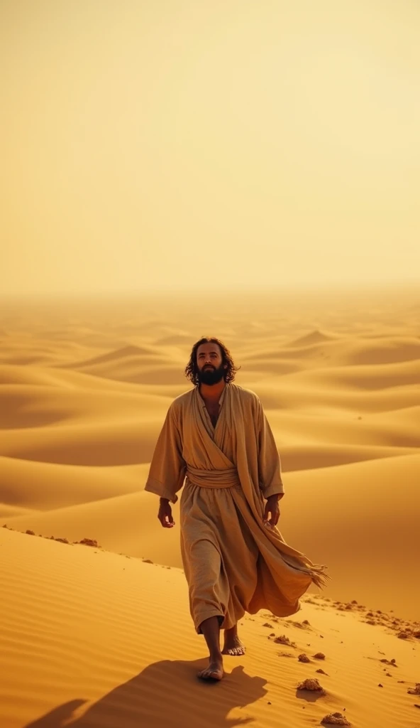 Show golden dunes stretching to the horizon, with sand particles dancing in the warm wind. In the center of the scene, a lone man dressed in worn robes walks slowly. He looks tired but determined, his face streaked with sweat. This is David, kneeling on to...