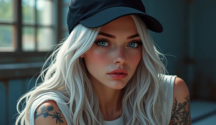 a 26 year old young woman, white hair, blue eyes, freckles, full lips. Both arms tattooed. Black cap backwards, short t-shirt and torn pants, nike sneakers in the style of a grand theft auto, loading screens ,GTA style artwork highly detailed, celshading, ...