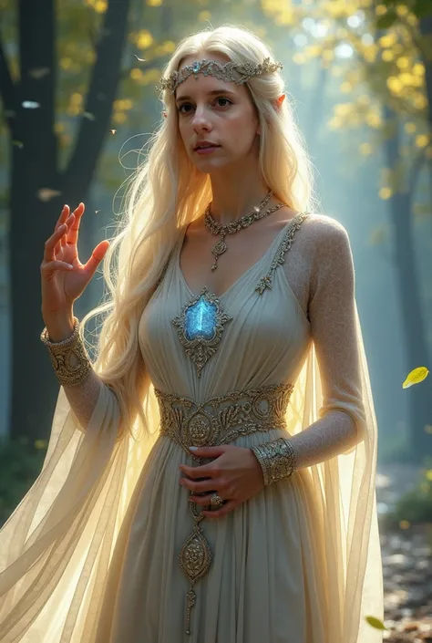 Digital illustration of Galadriel, the Lady of Light, depicted in a majestic and commanding pose. She stands gracefully, one hand raised as if summoning ancient elven magic, . Her expression is serene yet powerful, her gaze piercing as if seeing beyond tim...