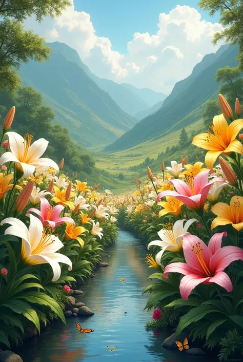 Create several wallpaper images with lots of lilies in a valley that attracts attention, the image is for a logo