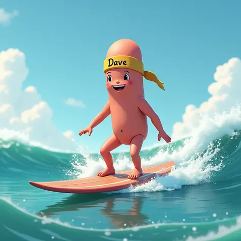 a pinky finger riding a surfing board. wearing a headband with DAVE written on it. only a pinky finger riding the surfboard. no facial features on pinky finger at all. realistic. clear pinky finger 