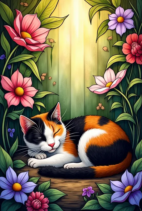 Create for me a picture stain glass, size poster, about type tappying cat. The cat is sleeping in the flower garden. 
