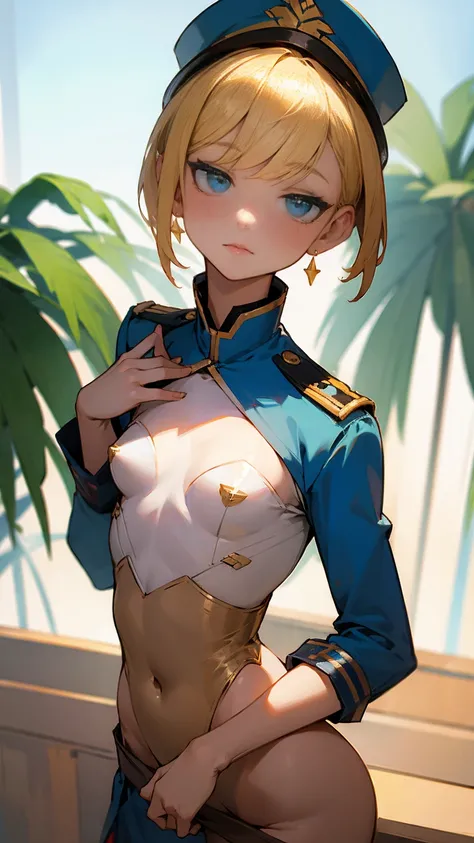 (  Masterpiece  、  top quality、  very detailed))、  girls who spend time relaxing、  blond hair 、  shorthair 、  bob hair、 Blue Eyes、(( Palm mouth ))、((Nice ass))、((  lots of earrings))、(( Smaller breasts))、((ctf2024、Blue military uniform ))、((Small waist))、T...