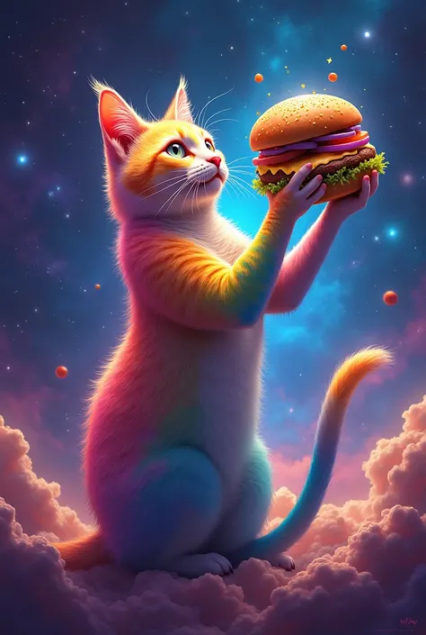 I want a rainbow cat eating a burger in space 