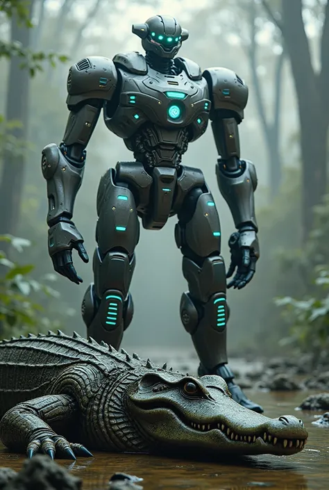 A Mechanical robot standing beside a crocodile 