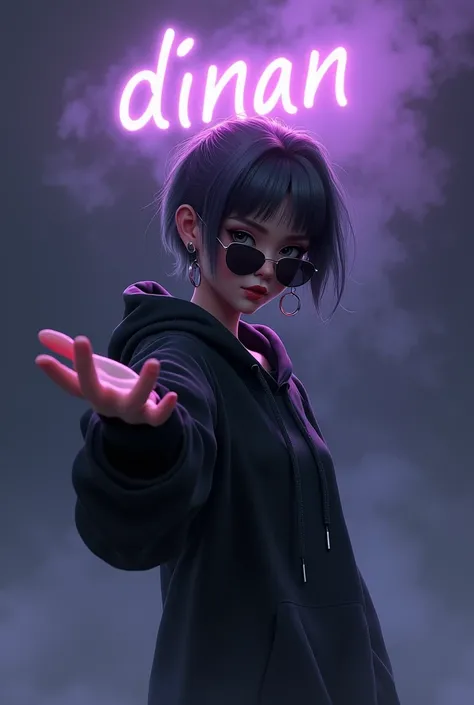  3dA 21-year-old teenager with black and silver hair,  wearing sunglasses and a black hoodie .  She points towards the text  "dinan "  appearing above a misty purple cloud .  The dark background adds to the mysterious impression .  Some small details ,  su...