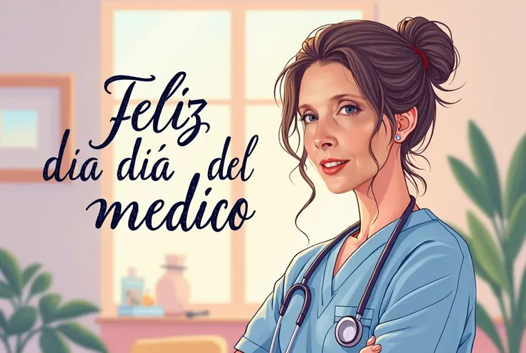 an image of a woman 35 years old with medical wear, with a handwritten text "Feliz dia del Medico", intricate, with many twists, on a medical office background, that looks good, the color palette to use is pale pink, lilac, soft yellow, pastel colors,