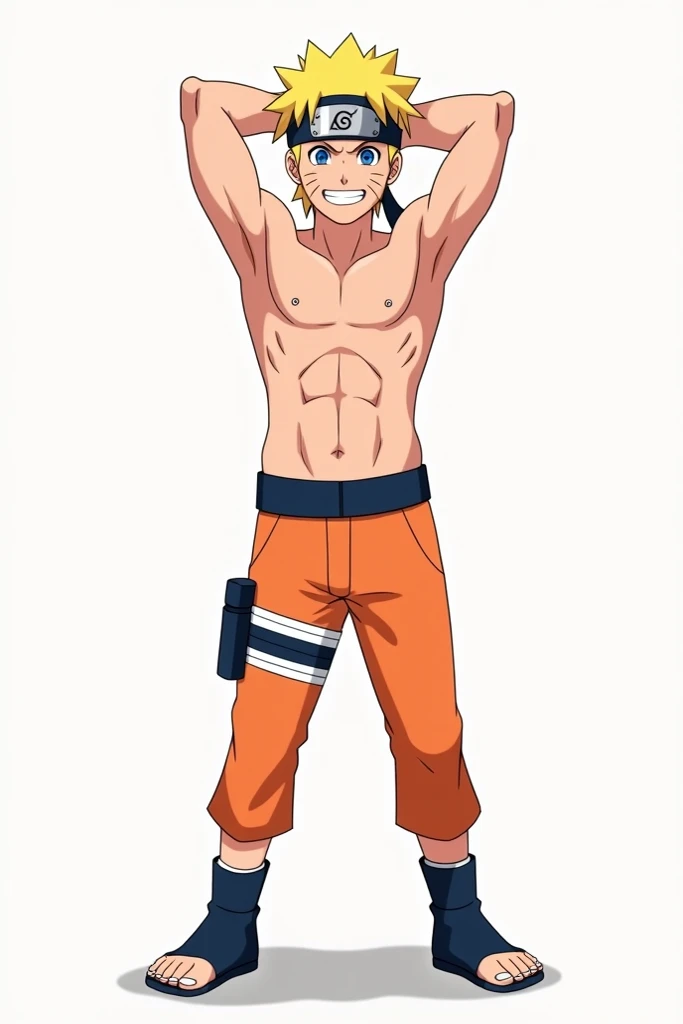 naruto(S ) wearing orange ShortS with a black line , ShirtleSS ,Completamente descalzo , raiSing armS Showing muScleS , with a confident Smile , with the Same animation Style aS the original Naruto Show