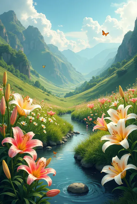 Create several wallpaper images with lots of lilies in a valley that attracts attention, the image is for a logo