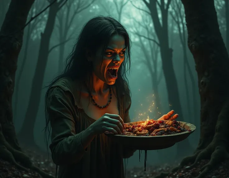  make me a representation of a scary woman, ugly and dark luring with smelly food 