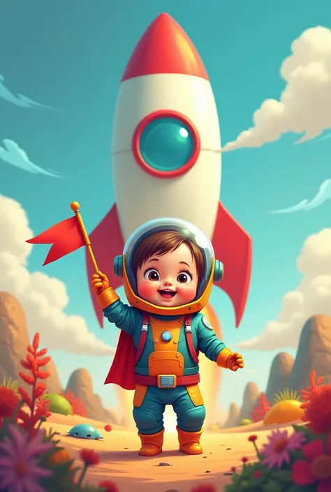 Baby Rocket Hero: A baby in a vibrant space suit, standing proudly in front of a rocket ship. The baby holds a small flag with a smile, as if theyve just landed on a new planet. The background is filled with cute alien creatures and moon landscapes.