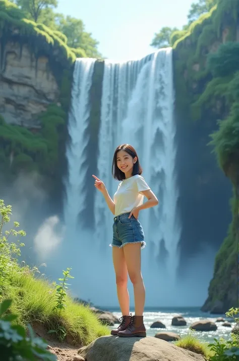  Beautiful Asian woman wearing a clean white t-shirt shorts shorts short boot standing full body assisted large being pulled over by a waterfall,while pointing towards the waterfall , glancing towards the camera a soft and cute smile , background of the wa...