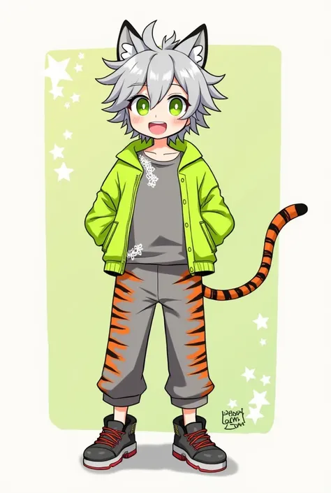  Create a 15-year-old anime-style man with cats ears and tail and gray,  tiger orange pants ,  neon green poleron Cata Kangaroo Cotton ,  white lace , neon green eyes, blue t-shirt ,  happy face,  gray and messy hair 