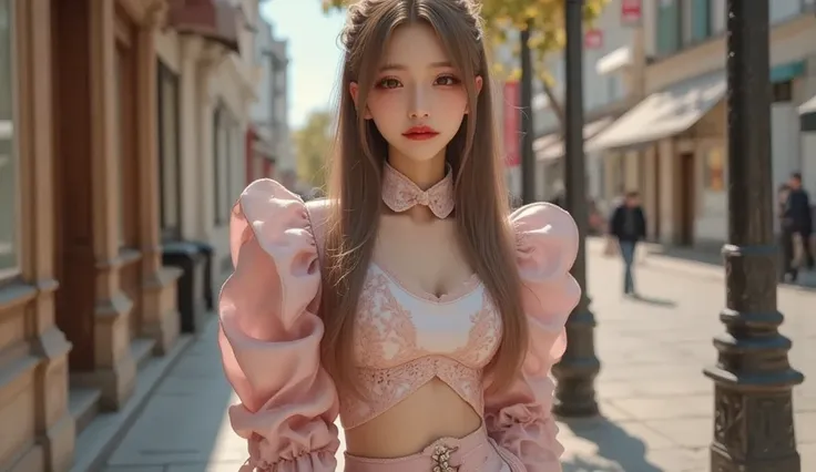 (masterpiece, Best picture quality, 8k),  real photo ,Idol appearance,Prague Street ,Clear day ,adult,  perfection of fashion,  Korean Makeup, Lip Tint,whole body, frontal,A faint smile,Outdoor, Exquisitely Painted , Realistic,  ultra high definition , ult...