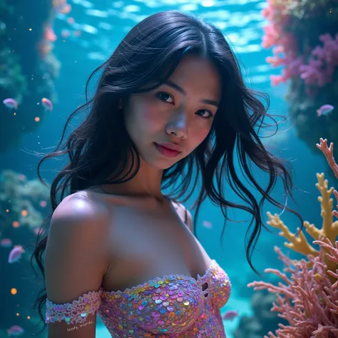 A vibrant and captivating underwater scene, featuring a young, mesmerizing siren with flowing, iridescent hair and a seductive gaze, with asian features. She is surrounded by shimmering scales and glowing coral, creating an ethereal and alluring atmosphere...