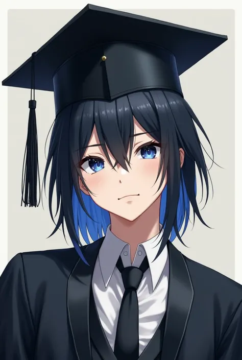 white boy,  straight black hair with blue and graduation outfit 