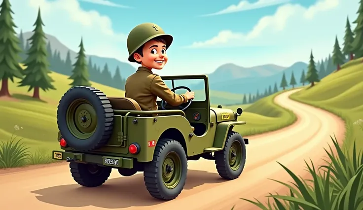 Create for me an image of a soldier driving a World War II jeep in cartoon format.