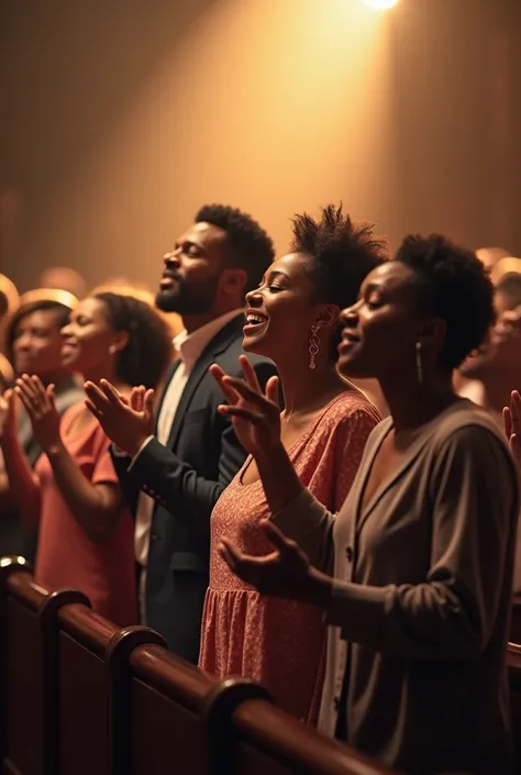 (photorealism:1.2), A black family in church, standing together, hands raised in worship. Pastor Jay is beside them, smiling with joy. Behind them, the congregation is worshiping as well. A light beam shines down on the family, symbolizing breakthrough and...