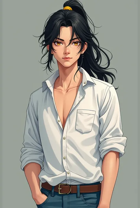 A very very handsome, chill, 4th grade college student, 25 years old. Goldish yellow eyes with long flowing black hair, tied low with a yellow hair tie. wearing a white shirt with jeans. Sharp eyes. nonchalant face. Masculine,pretty boy, very handsome