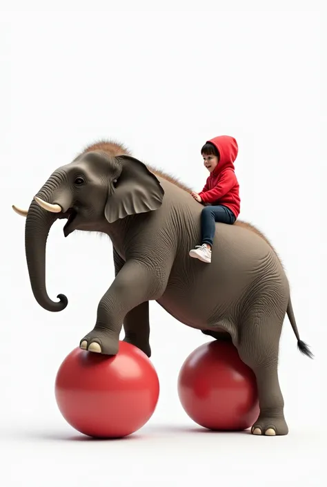 live-action、 real、A cute girl wearing a red hoodie riding a ball next to an adult elephant riding a ball、profile、 white background 