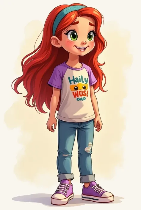 Hailey, red hair, often styled simple headband. She has bright green eyes and a few freckles across her cheeks. Haileys outfit should be playful and casual, featuring a colorful graphic tee, jeans or leggings, and sneakers—she exudes a lively, curious, and...