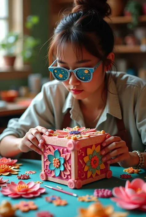 The model is wearing gl"A papier-mâché artisan creating a vibrant decorative box with intricate floral motifs in a workshop setting."ass sunglasses with stars and the moon on the glass