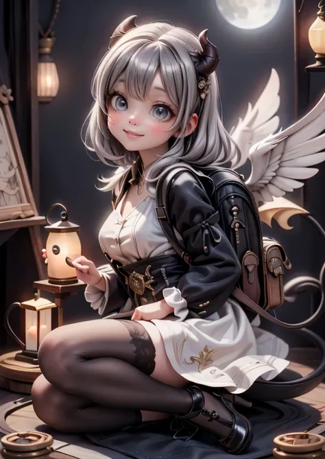 A whimsical scene unfolds under the silvery glow of the full moon. A winged demon girl, adorned in an RPG-inspired steampunk dress with ankle strap pumps and hosiery, beams a warm smile as she holds a magical lantern aloft. The air is filled with floating ...