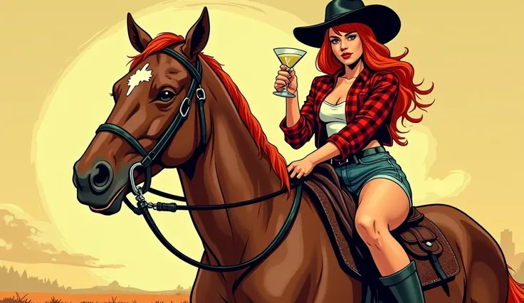 In the graphic novel style reminiscent of Frank Miller, create a logo of a beautiful redhead woman holding martini while riding a horse, wearing daisy dukes short, wearing cowboy hat, wearing red flannel jacket, looking at the camera, horse looking at the ...