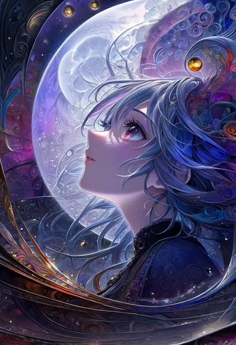 a highly detailed and intricate oil depicting an imaginative and  surreal interpretation of the world, Bleeding、Beautiful Girl Looking Up at the Moon After the Rain 、  Inspired by Bill Sienkiewiczs unique art style, Vivid and striking colors, Beautifully r...