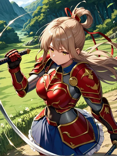 score_9, score_8_up, score_7_up,source_anime, 1girl, voluptuous, solo, light brown hair long hair, hair up, (tareme), golden yellow eyes, half-closed eyes, BREAK, fighting stance, holding a sword, pose to show a sword, from above, (metallic red armor, armo...