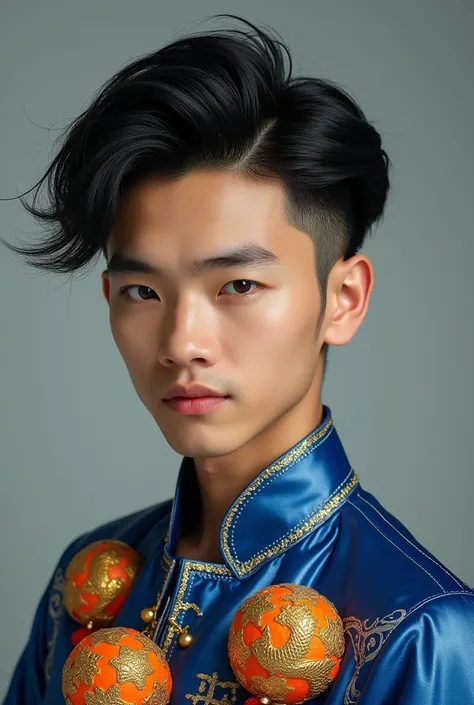 Realistic photo featuring stylized portrait of a handsome 30-year-old Thai young man . rambut pendek rapih Undercut with clear facial features , kulit halus,  and smooth black hair ,  wearing a shiny blue jacket with intricate silver thread ,  decorated wi...