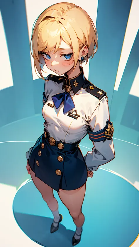 (  Masterpiece  、  top quality、  very detailed))、  mature woman 、  blond hair 、  shorthair 、  bob hair、 Blue Eyes、((Nice ass))、((  lots of earrings))、(( Smaller breasts))、((Navy blue military uniform ))、((Small waist))、Thin thighs、 blush,  open your mouth ...