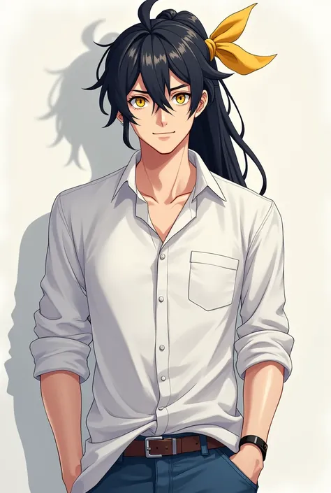 A very very handsome, chill, 4th grade college student, 25 years old. Goldish yellow eyes with long flowing black hair, tied low with a yellow hair tie. wearing a white shirt with jeans. Sharp eyes. nonchalant face. Masculine, very, very handsome, male, an...