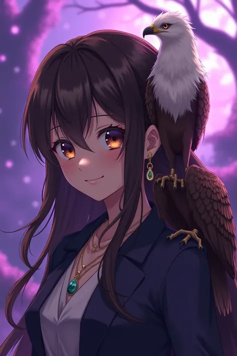 anime only face ,  smiling with long hair dyed brownish black, wearing earrings, necklace,  on his shoulder there is an eagle on an epic purple background 
