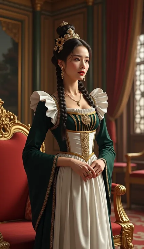 Create portrait of maid lady as worker standing in royal court face beautiful realistic and talking or signal with hand realistic image ancient time 