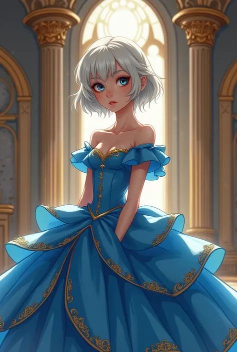 Pretty woman, natural, with short white hair below her neck   ,  Blue eyes ,    and wearing a royal blue princess dress with golden edges   . inside a castle,    whose expressions are expressionless Who has a drawing-like fanart style