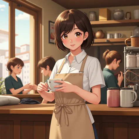 Draw a young girl, working in a cafe .  With a white shirt and a beige apron,  art.