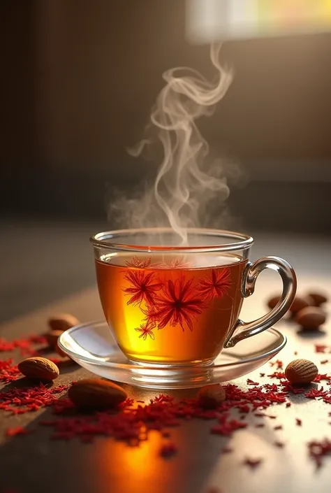 A steaming cup of saffron-infused Kahwa served in a delicate glass cup with almonds and saffron strands on the side."