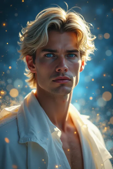 a blond man, with beautiful bright blue eyes, mysterious eyes, intriguing look, mystical energy, enchanting and magical atmosphere, white clothing, lights in the background, universe full of stars in the background, sparkles of golden and blue light
