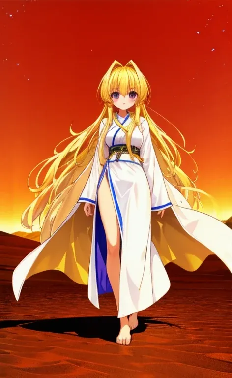  Beautiful Long Blonde 　  girl in a long robe　whole body　Walking through the desert at night 