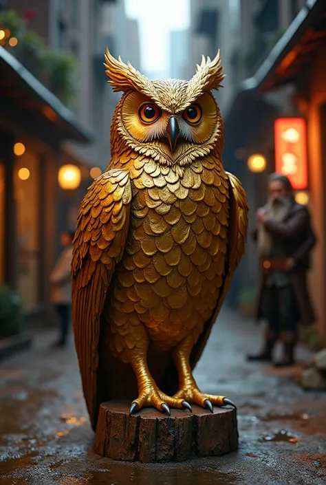 Golden owl make of metallic, , alley, bearded mountain man, jingle in city, 