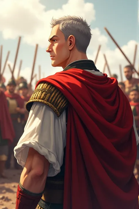  top quality,  greatest masterpiece,  highest resolution，（Caesar），（Roman Emperor）（battlefield_background）， short hair ，Thinning hair，Shaved Face，Middle-aged，male， anime style, Alone， ((whole body)) ， Nobunagas Ambition Illustration Style，  hyper detail , (...