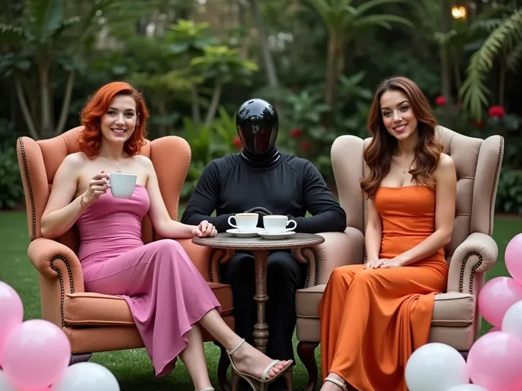 red-haired women sitting on an armchair .  on the other end a brown woman in another chair , in a garden, drinking coffee.  Both women wear colored latex dresses . between the two armchairs ,  use a man as if he were a table .  on the mans sword there are ...