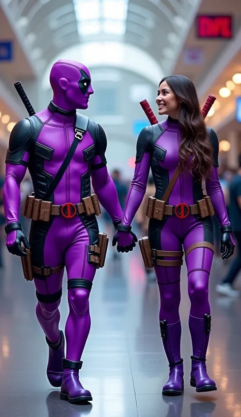 Two people in the form ,  a man without a mask and a woman without a mask ,  are hand in hand and walk together ,  A woman on the right wearing a superhero costume . These two men wore purple Deadpool costumes ,  with the iconic purple and black outfit com...