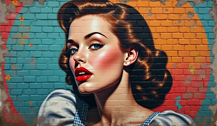 pin-up girl, painted on a brick wall, judy garland, oz, red lips. street art, worn graffiti, sending a big wet kiss.